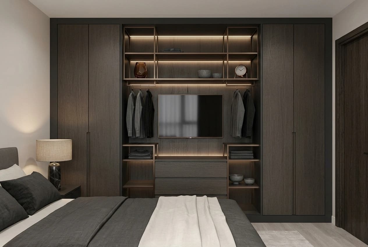 A dark oak bedroom wardrobe run with an open central bay: hanging rails either side of a television panel, open shelves and a two-drawer chest below.
