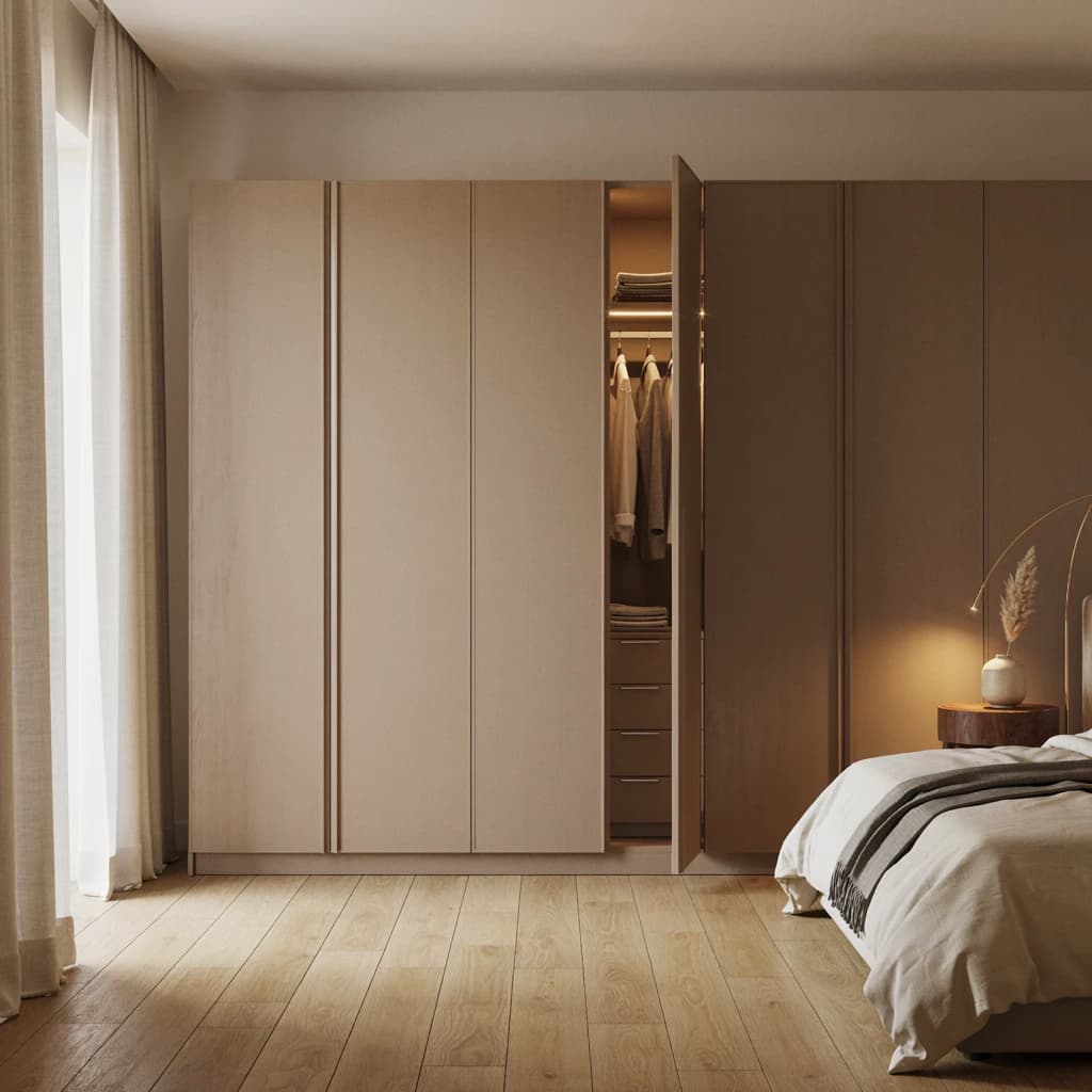 A floor-to-ceiling hinged wardrobe in a pale taupe finish along a bedroom wall, one shutter open to show a lit hanging rail, shelves of folded clothes and a bank of internal drawers, with the bed beside it.