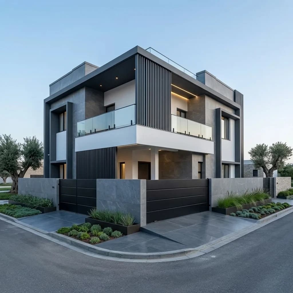 A contemporary three-storey house on a corner plot, with dark vertical screens, a glass-fronted first-floor balcony, a recessed entrance and a compound wall meeting the road on two sides.