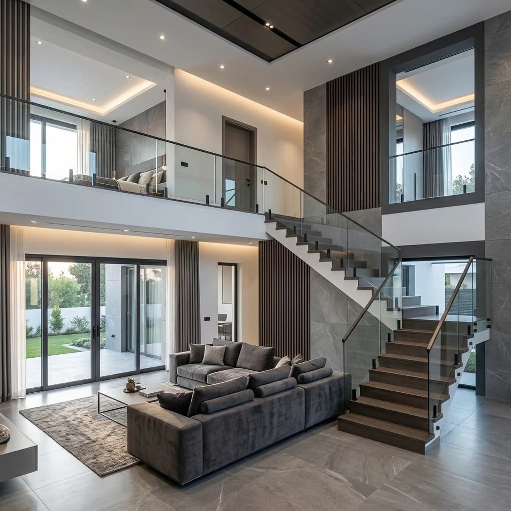 A double-height living room with a glass-balustrade staircase, a first-floor landing open to the room below, full-height glazing to the garden and a stone-tiled floor.