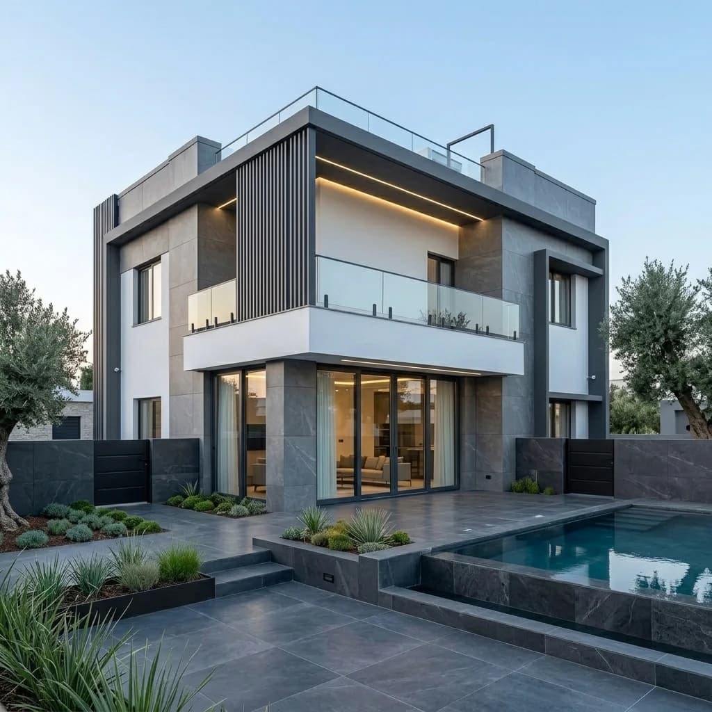 A contemporary two-storey house seen from its rear terrace, with full-height sliding glazing to the living room, a glass-railed balcony above and a paved terrace beside a pool.