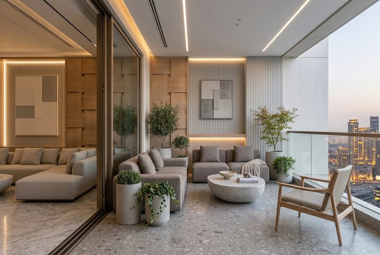 An enclosed balcony at dusk with low sofas and planters on a terrazzo floor, sliding glazed doors back into the living room, a glass balustrade and the lit city skyline beyond.