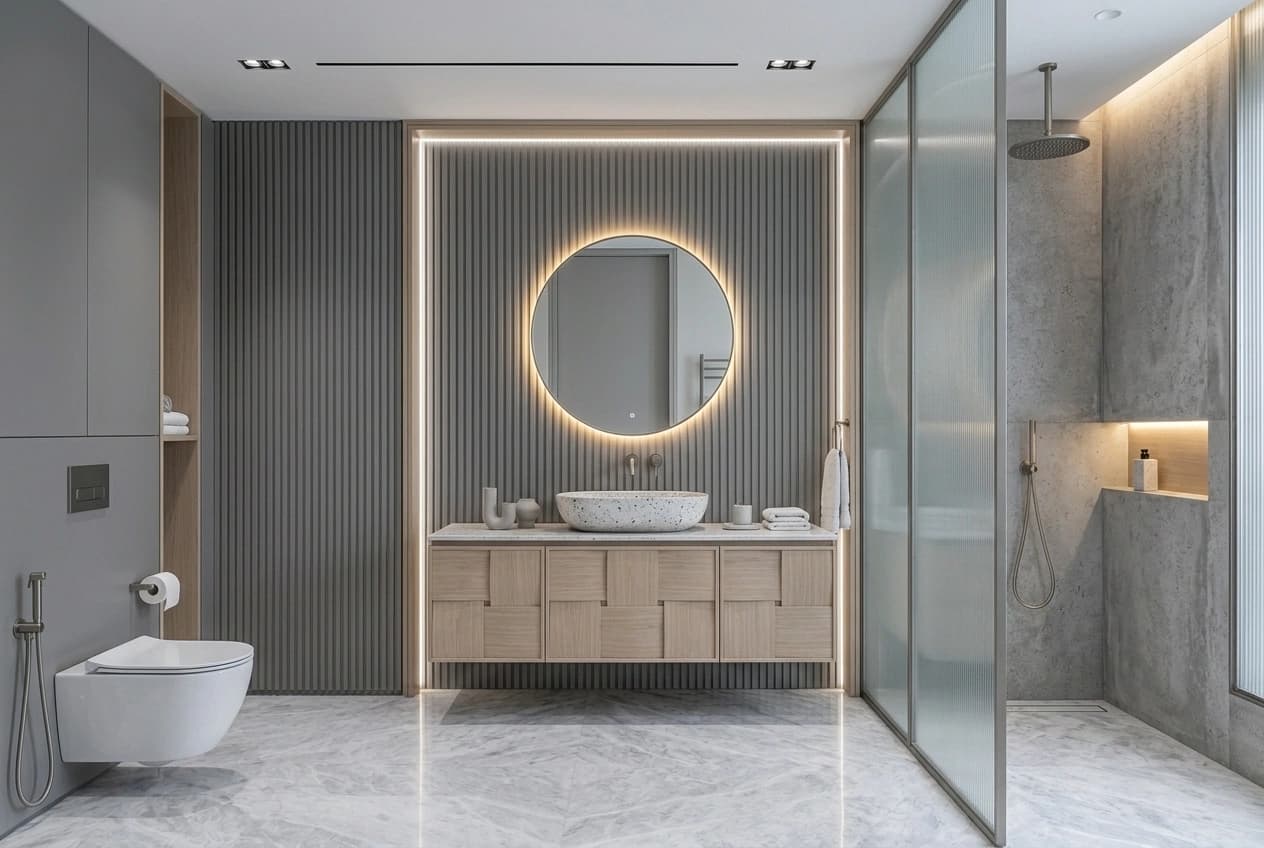 Bathroom with fluted grey wall panelling, a round backlit mirror, an oak vanity with block-pattern shutters carrying a terrazzo counter-top basin, and a walk-in shower behind a fluted glass screen.