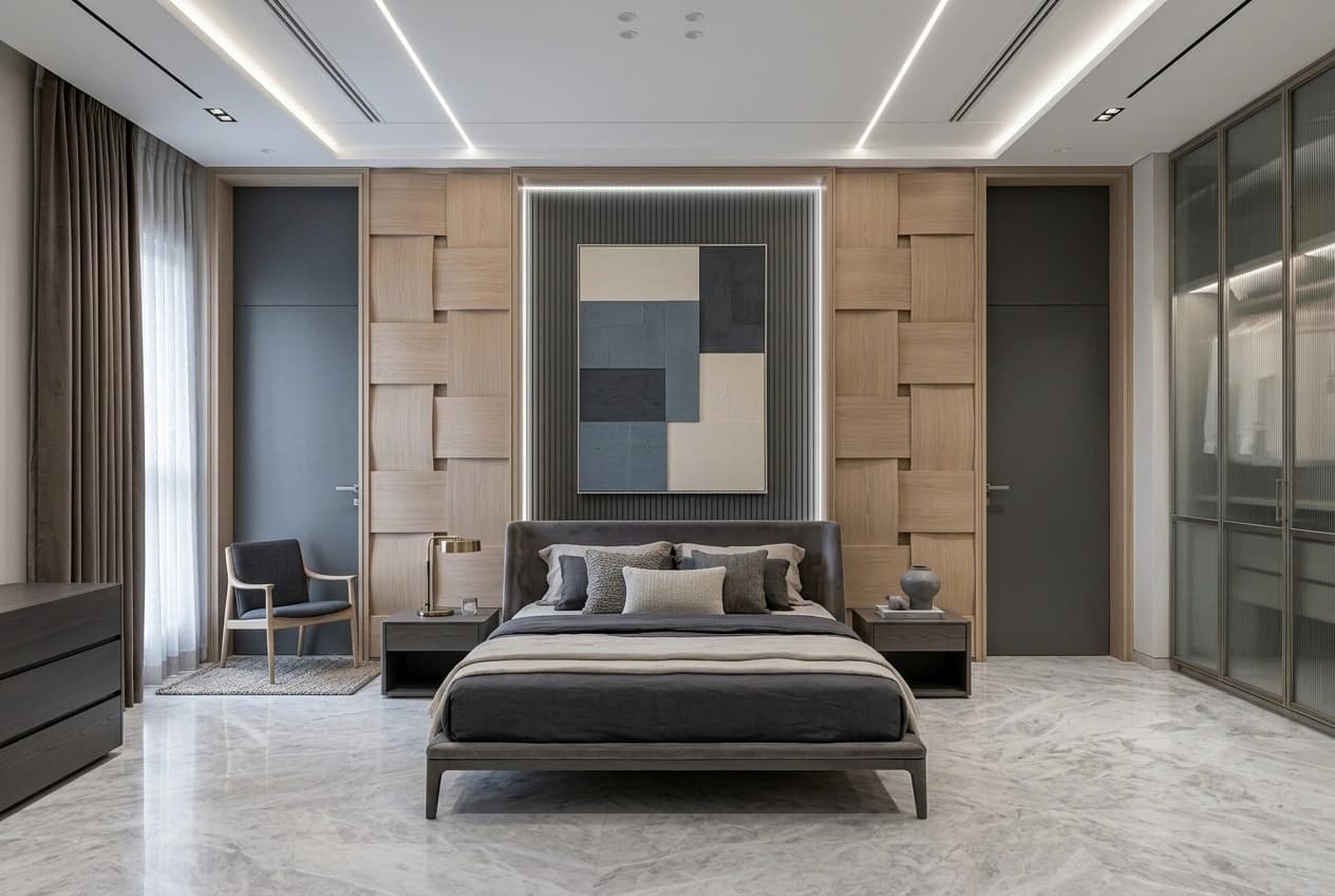 A bedroom with a dark upholstered bed against a fluted panel backed by a backlit frame, woven oak panelling running between two flush doors, bedside tables, a chest of drawers and a full-height glass-fronted wardrobe, under a cove-lit ceiling on a marble floor.