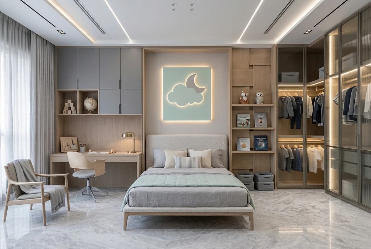 A child's bedroom with a built-in study desk under overhead grey and oak storage, open shelf niches of books, a tall glass-fronted wardrobe lit inside, a backlit cloud-and-moon panel and a cove-lit false ceiling.