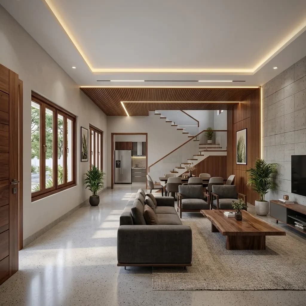An open-plan living and dining room with a terrazzo floor, timber slat ceiling and an open staircase.