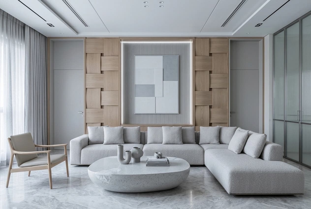 A living room with a boucle sectional sofa and a round terrazzo coffee table facing a woven oak block-panelled wall, a backlit recessed frame around the artwork, flush doors either side, cove lighting with linear slots overhead and a polished marble floor.
