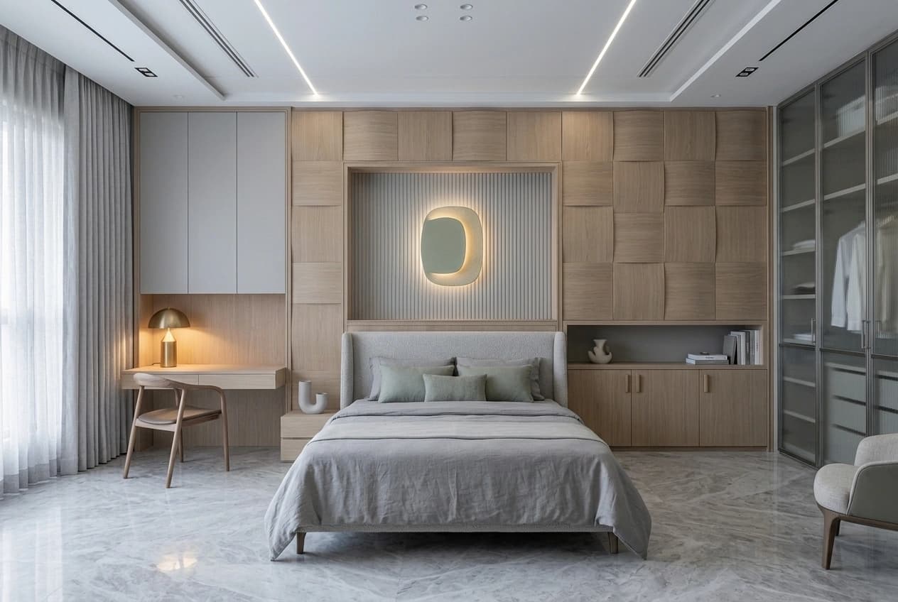 A master bedroom with an oak block-panelled headboard wall and a backlit fluted niche, a built-in study desk and overhead unit to the left, a glass-fronted wardrobe to the right and a cove-lit ceiling above full-height sheer curtains.