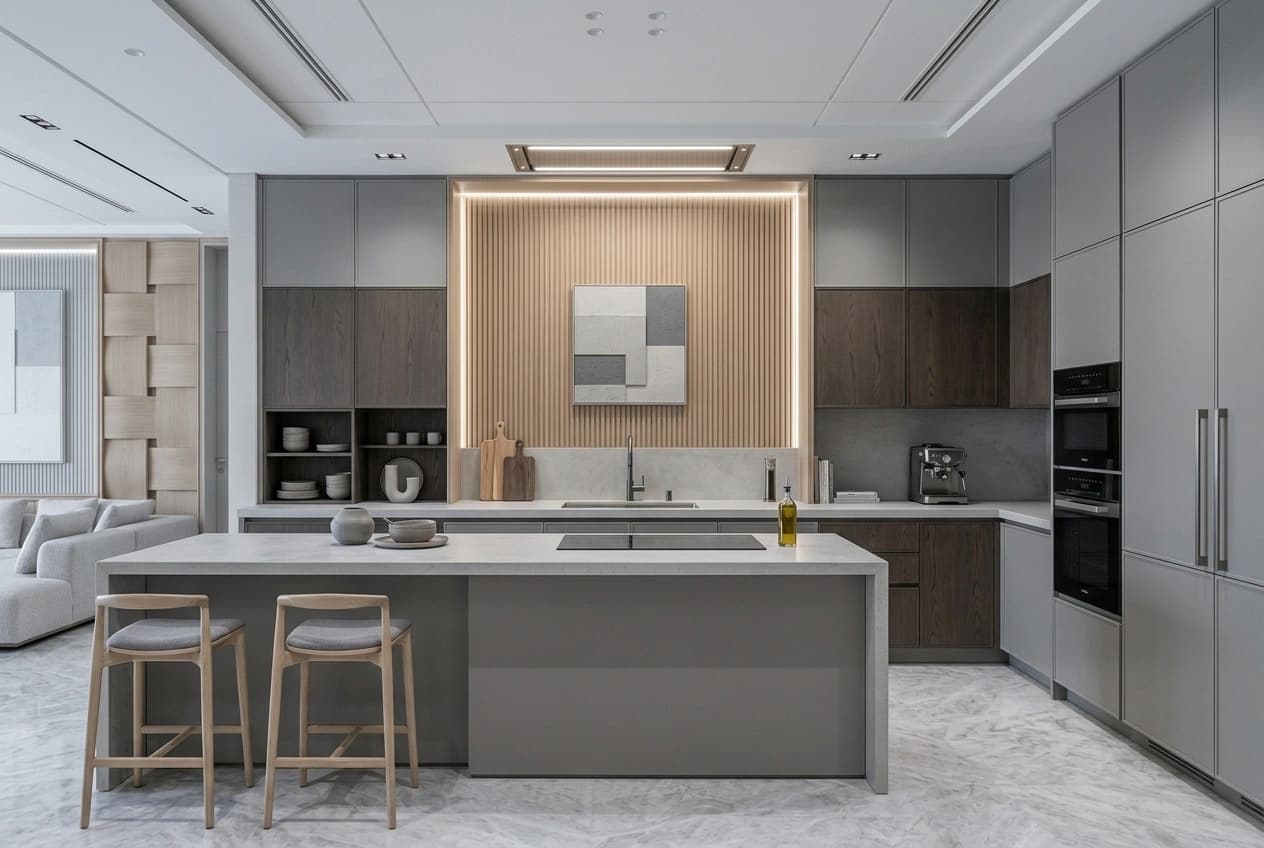 Open-plan kitchen with a stone-topped island and two timber bar stools, handle-less grey tall units holding built-in ovens and a coffee machine, dark timber wall units, a backlit fluted oak panel above the run, open shelving with crockery and a cove-lit recessed ceiling, with the living room beyond.