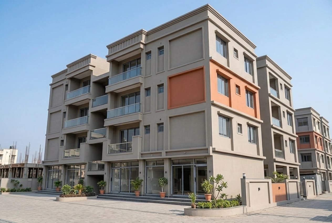 Corner view of a mixed-use building with full-height glazed shop units at ground level and three residential floors above, with balconies and a contrasting terracotta panel.