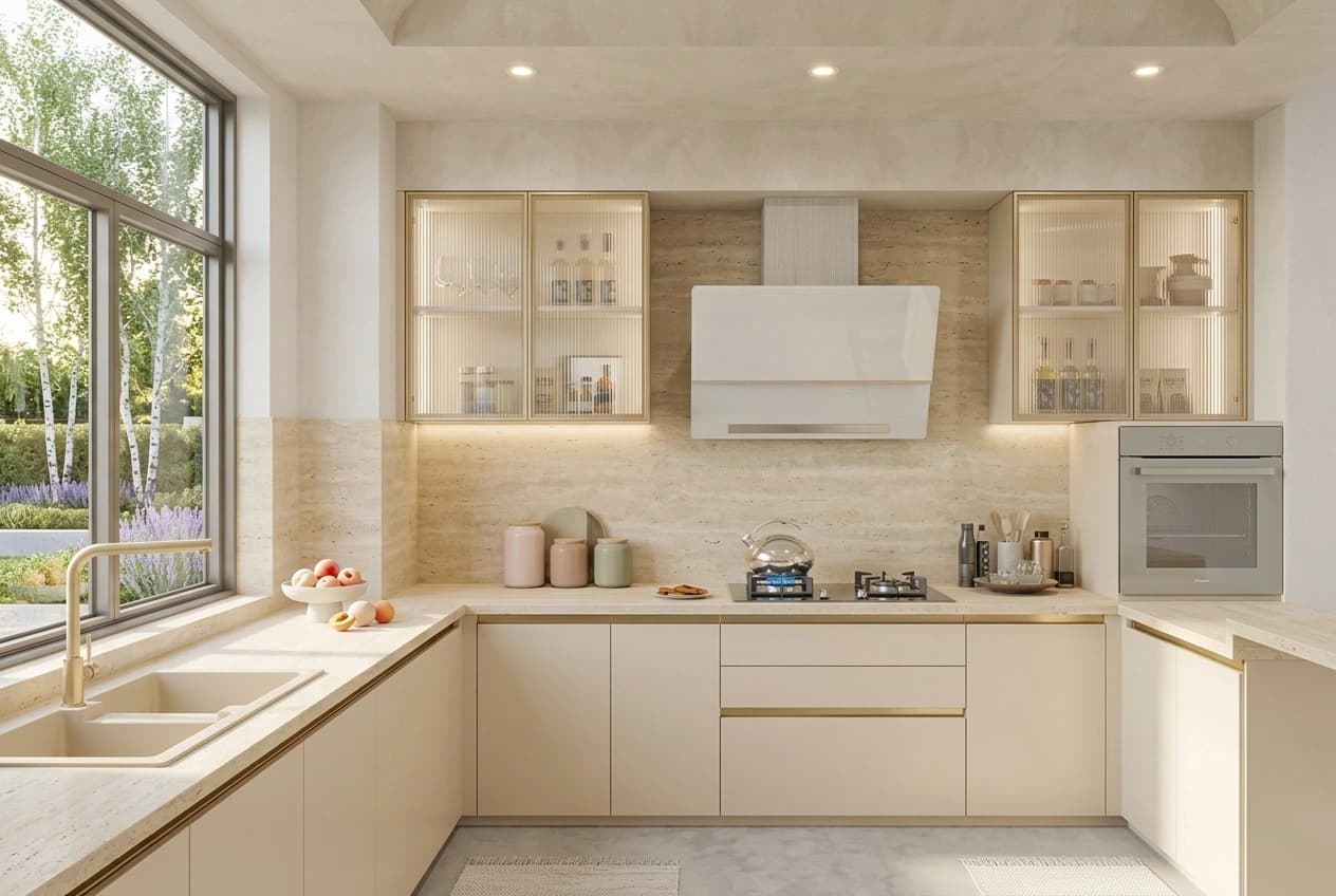 A modular kitchen with an integrated gas hob, a wall-mounted chimney, a built-in oven housed in a tall unit, a double-bowl sink under the window and glass-fronted wall cabinets above the counter.