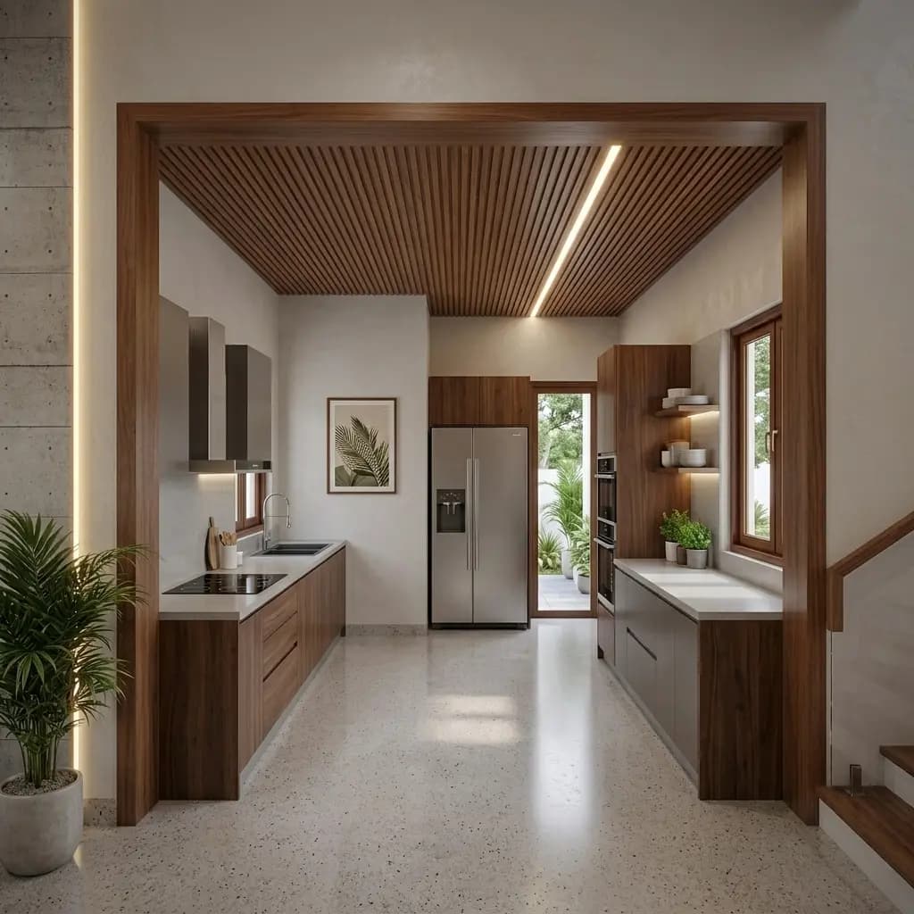 A modular kitchen with a stone counter, tall units and a utility door to the rear yard.