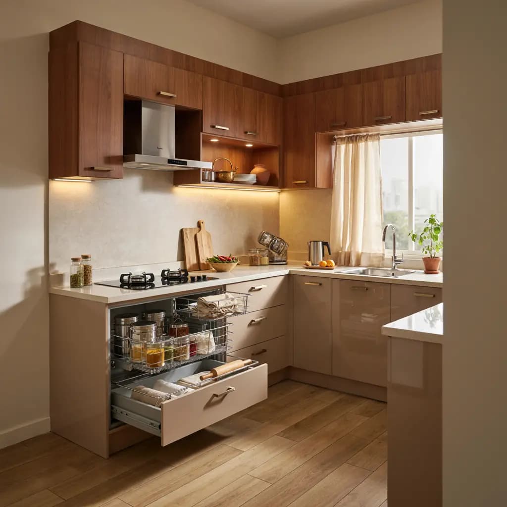 A compact L-shaped kitchen with a deep drawer pulled open below the hob, showing stainless-steel spice baskets and a second drawer beneath, with a chimney above and a window over the sink.