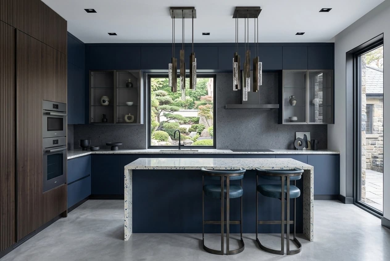 An island modular kitchen with navy blue units, a terrazzo island counter with bar stools, a tall wood-slat unit housing built-in ovens and pendant lights over the island.