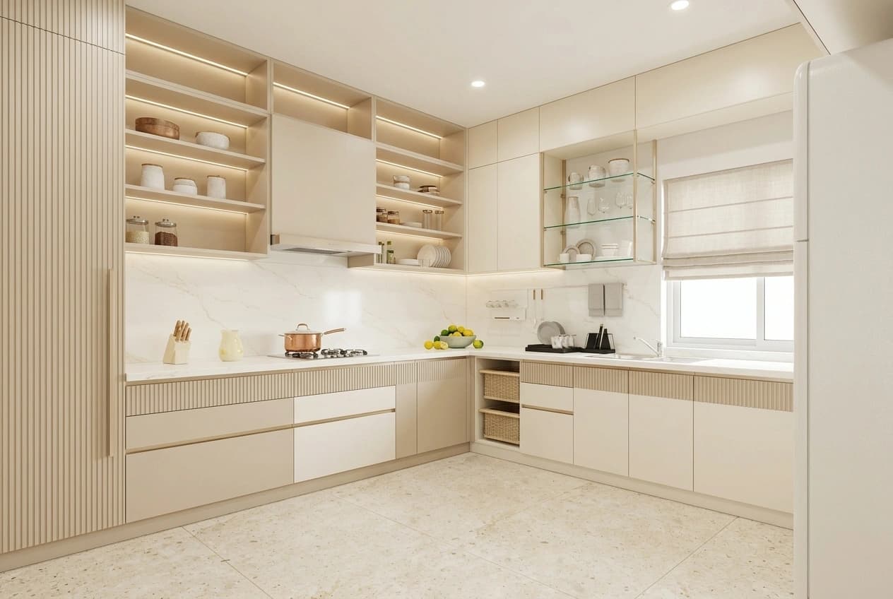 An L-shaped modular kitchen in cream and beige with fluted drawer fronts, a white marble dado, lit open shelving, a tall unit and wicker baskets in the corner unit.