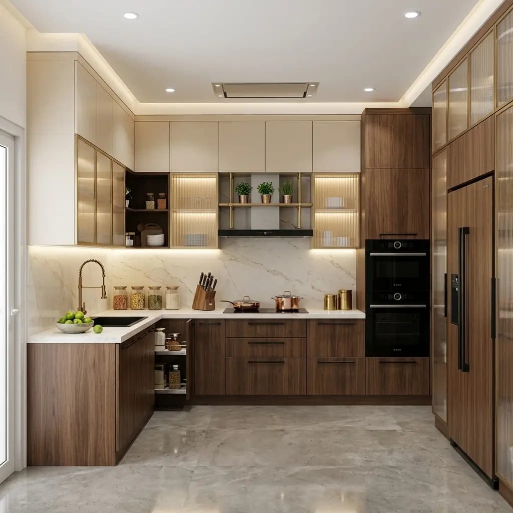 An L-shaped modular kitchen with walnut base units, cream wall cabinets, a tall unit with built-in ovens and a pull-out basket standing open beside the hob.