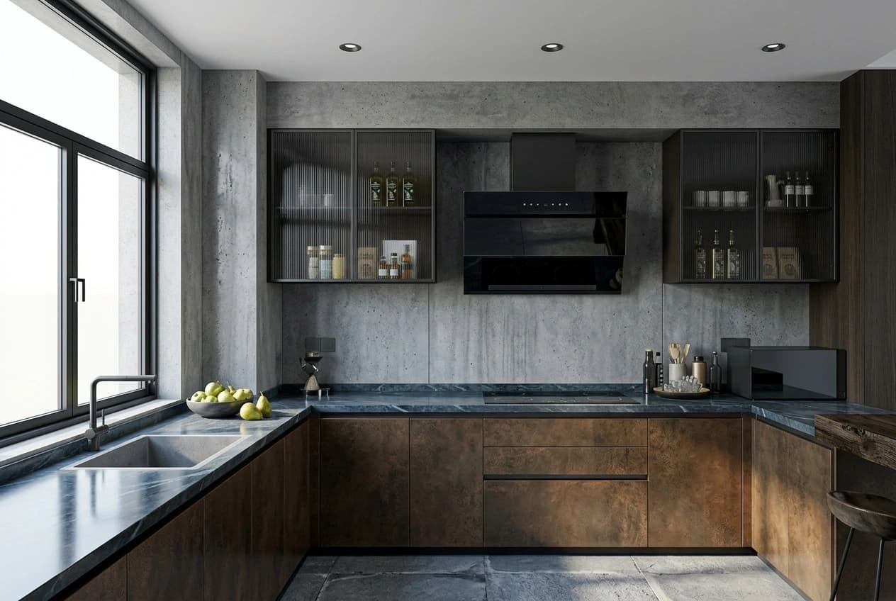 A kitchen with metallic bronze base unit shutters, a dark veined stone counter and splashback, a concrete-finish wall, reeded-glass wall cabinets and a black glass chimney.