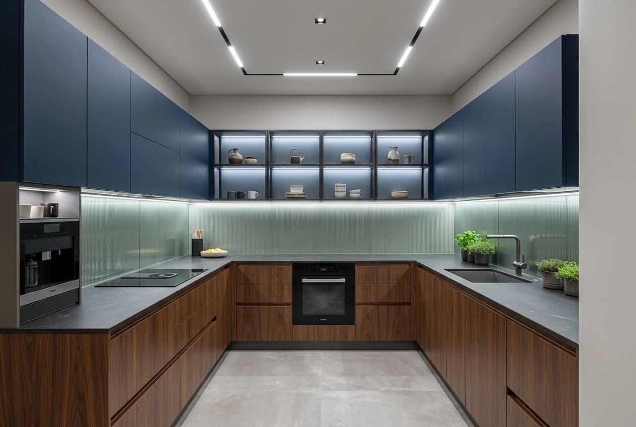 A parallel modular kitchen with navy wall cabinets, walnut base units, a dark stone counter, a lit reeded-glass splashback, a built-in oven and a coffee machine.