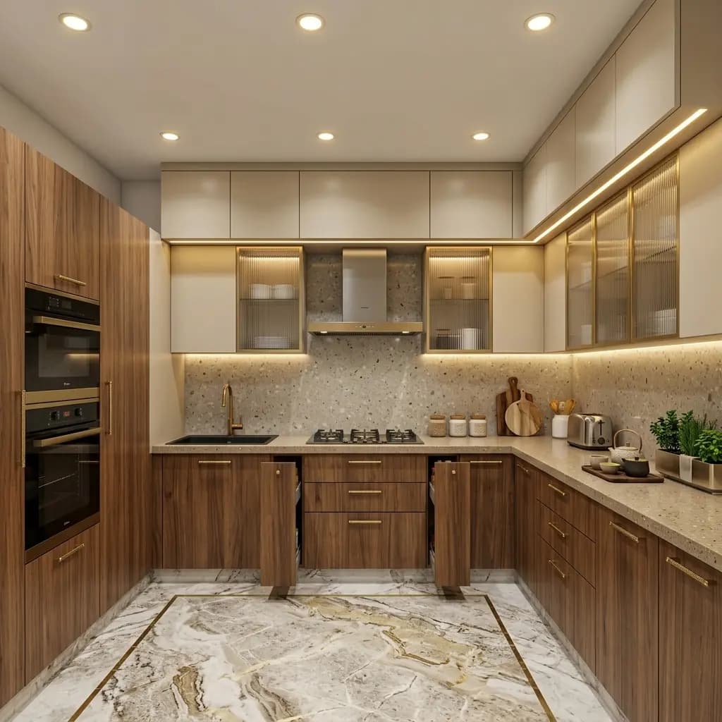 A parallel kitchen with walnut base units, cream wall cabinets, reeded-glass shutters, a terrazzo backsplash and tall units housing built-in ovens.