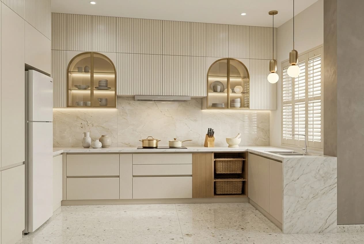 An L-shaped modular kitchen with cream handleless shutters, a veined stone counter returning down the end of the run, glass-fronted wall cabinets with lit interiors, a fluted tall unit and open baskets under the counter.