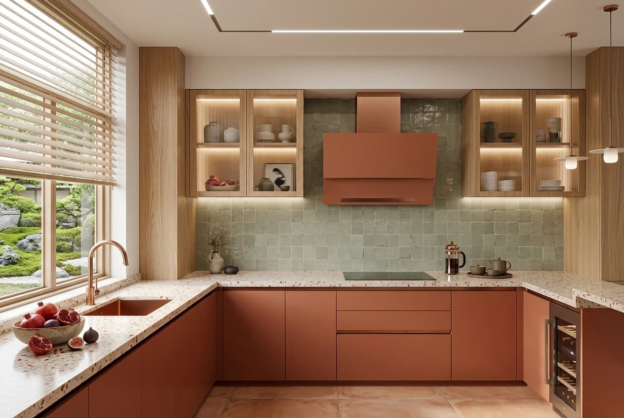 A kitchen with matt terracotta PU shutters, a green glazed tile dado, a terrazzo counter, oak veneer panelling and lit fluted-glass wall cabinets.