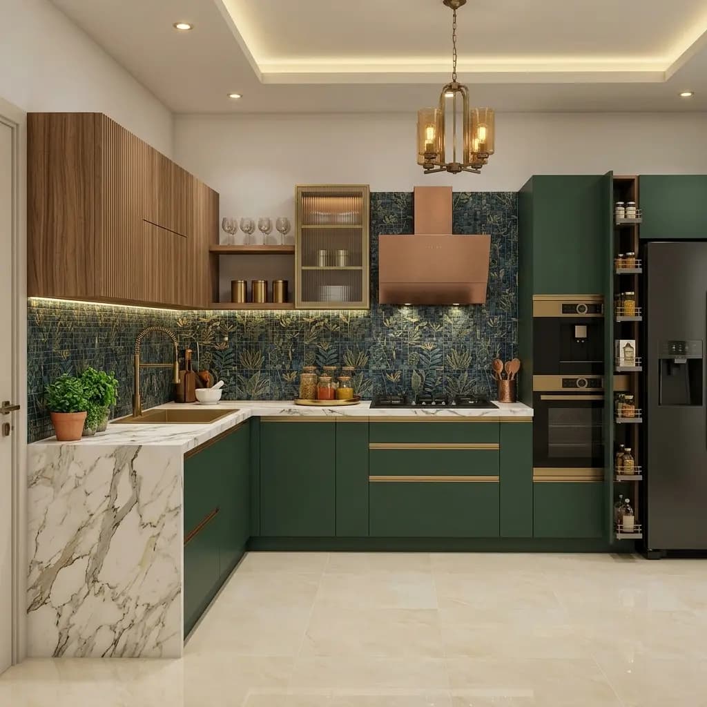An L-shaped kitchen with deep green shutters, a marble counter returning down one side, patterned tiling behind the hob and a tall pull-out pantry beside the fridge.