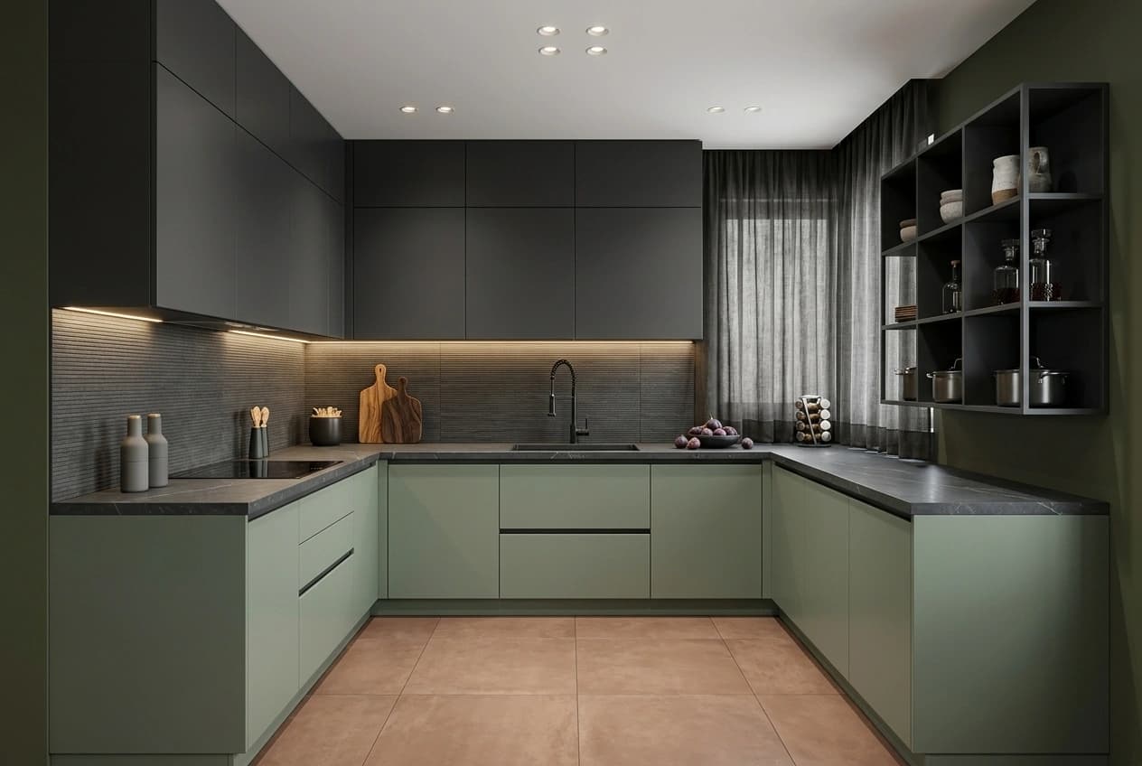 A U-shaped modular kitchen with sage-green base units, dark grey wall cabinets, a dark stone counter, a ribbed dado and open shelving on the return wall.