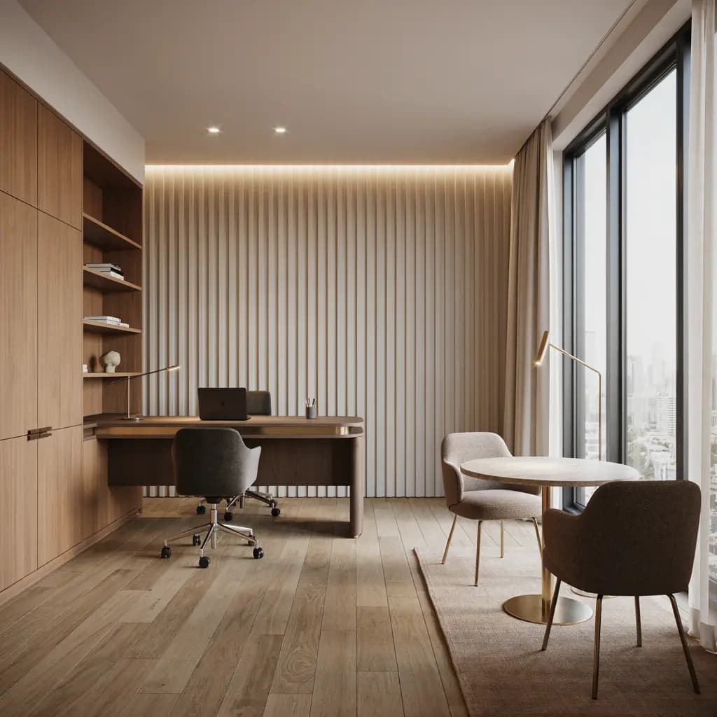 A private office: a timber desk against a fluted panel wall, a task chair, full-height storage with open display shelves, a round meeting table with two chairs, a floor lamp and full-height glazing along one side.