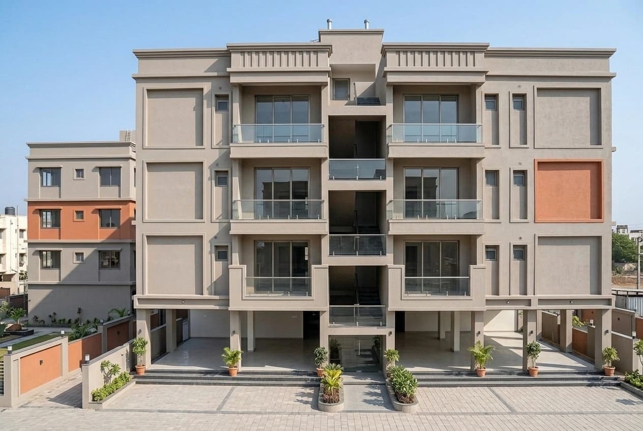 Front elevation of a stilt-plus-three rental building: open parking at stilt level, three residential floors with balconies each side, a central staircase core with glass balustrades, a paved forecourt and a compound wall.