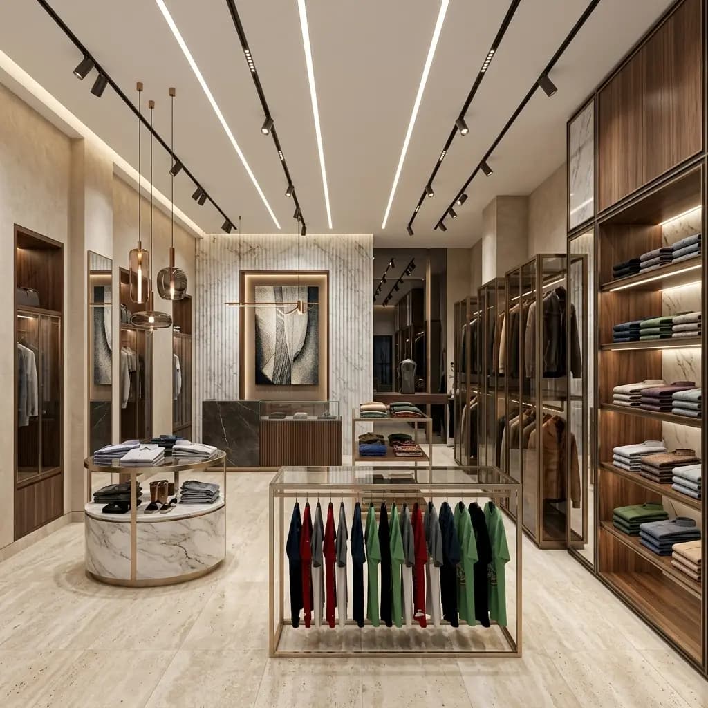 A fitted clothing showroom: linear ceiling lights and black track spots, timber display shelving lit from within, a marble display island with folded stock, glass-fronted wardrobes along one wall and a hanging rail down the centre of the floor.