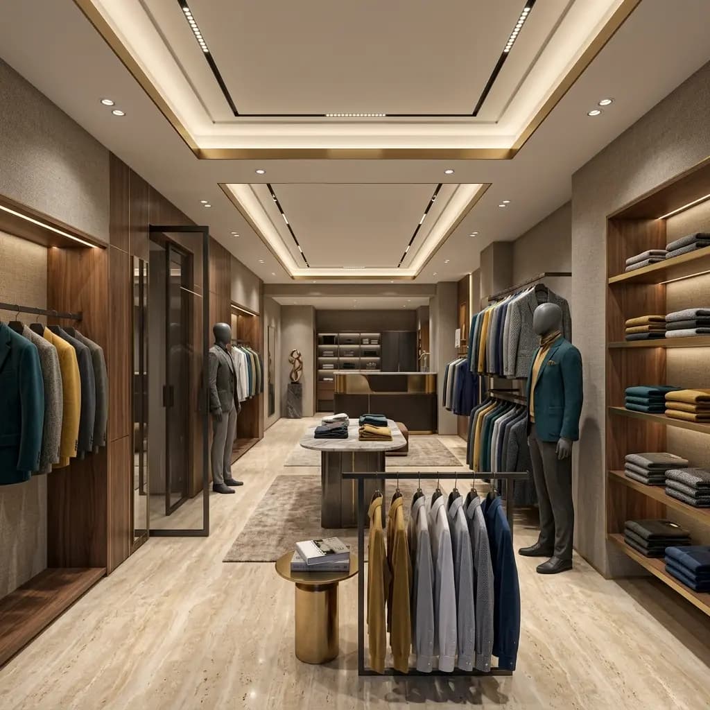 A menswear showroom: suits on rails against timber-lined walls, a mannequin on each side, shelving lit shelf by shelf, a recessed cove-lit ceiling, a stone-topped display table and a billing counter at the far end.
