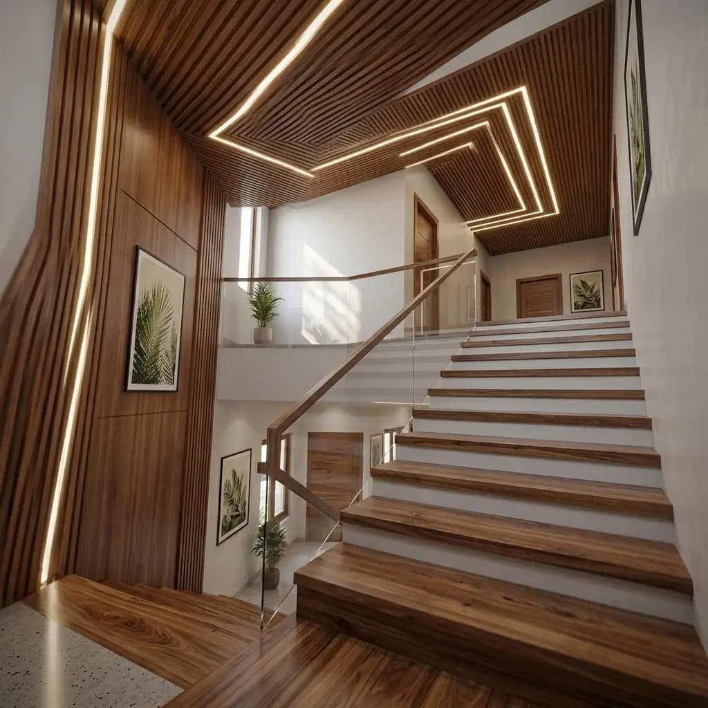 A timber-clad staircase with a glass balustrade and a slatted ceiling above the landing.