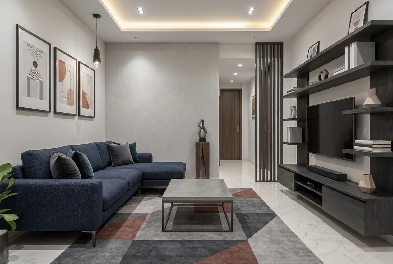 A dark open storage wall framing a television in a living room, with a slatted timber screen dividing the space from the entrance passage.