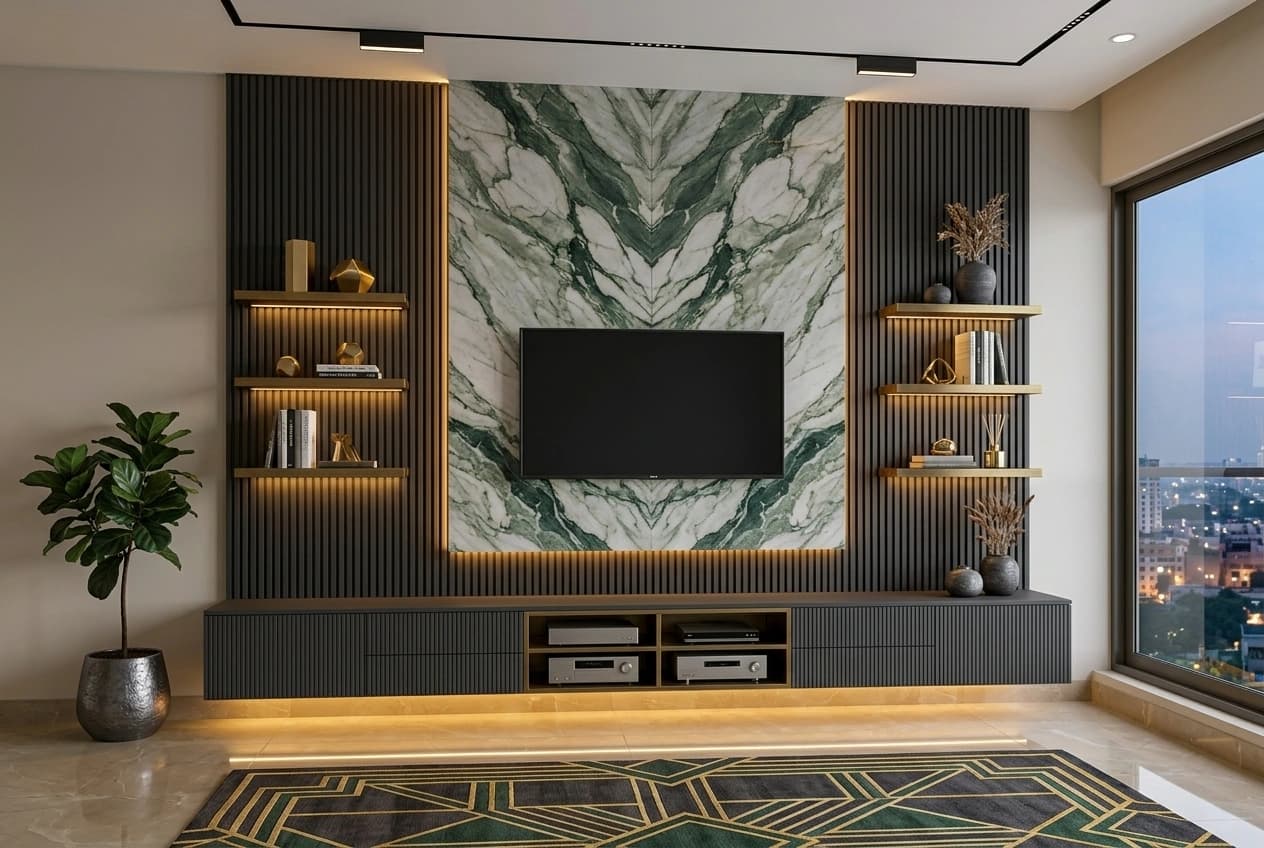 A media wall with dark fluted panelling either side of a bookmatched green marble centre, brass floating shelves, a long low media unit and concealed cove lighting.