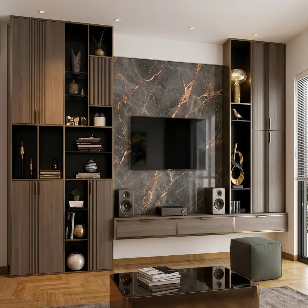A living room TV unit: a television on a dark marble panel, a floating drawer unit below it and tall fluted storage cabinets with open shelving either side.