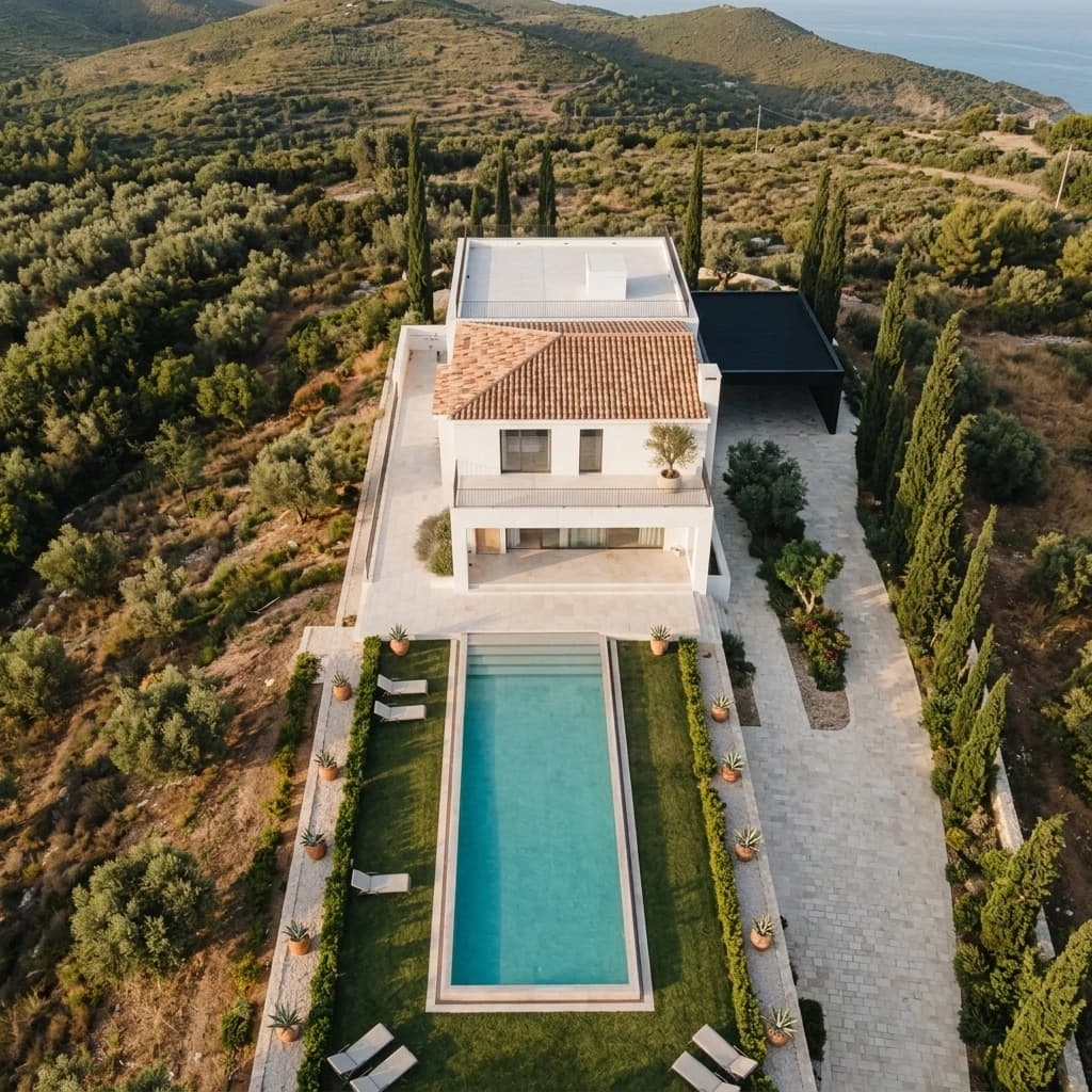 Aerial view of a two-storey villa with a hipped tile roof, a long rectangular pool, lawn, cypress trees and a covered carport.