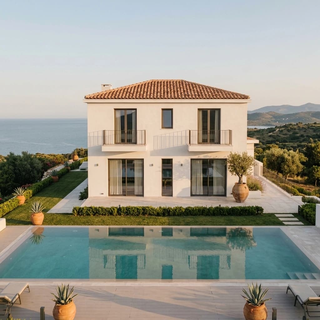 A villa elevation with first-floor balconies and full-height sliding doors seen across a pool, with the sea and hills beyond.