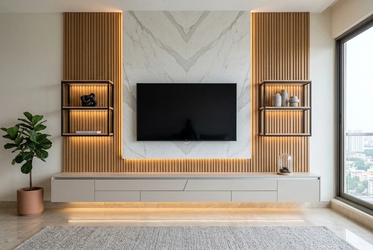 A television wall in light timber slat panelling around a bookmatched white marble centre, with framed floating shelves and a full-width low storage unit.