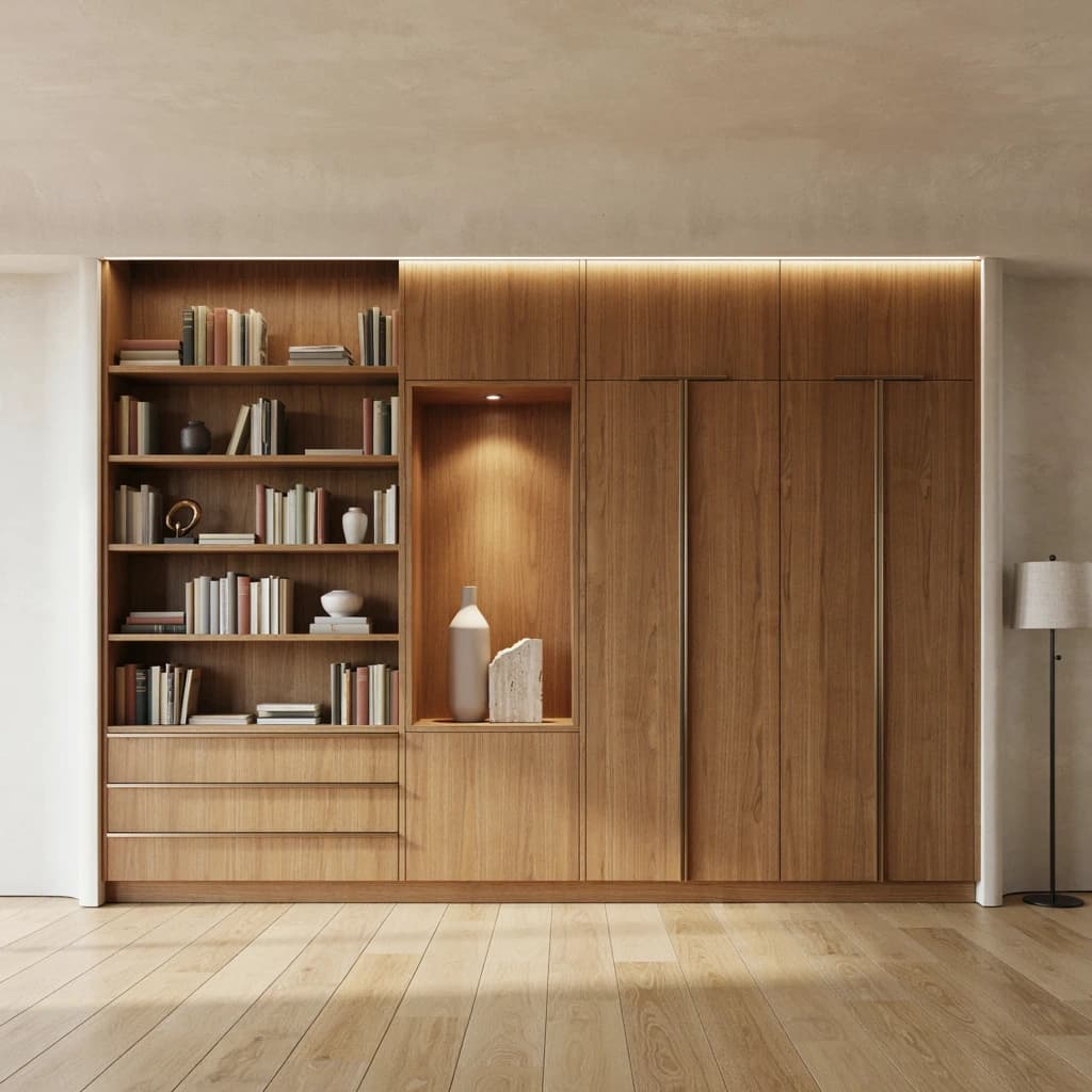A full-height fitted wardrobe wall in oak: open bookshelves and a bank of drawers on the left, a lit display niche in the centre and tall flush shutters with slim brass handles on the right.