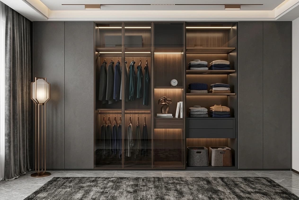 A full-height fitted wardrobe wall with glazed hanging bays, internally lit shelving holding folded clothes, a drawer bank and flush floor-to-ceiling shutters either side.