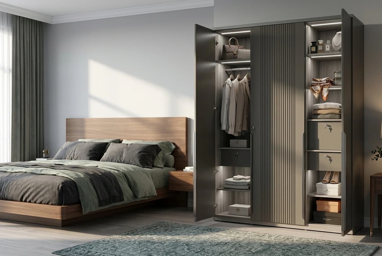 A wardrobe with its doors open showing the internal layout: a hanging rail with clothes, folded shelves, lockable drawer boxes, shoe storage and internal strip lighting, beside a fluted sliding section.